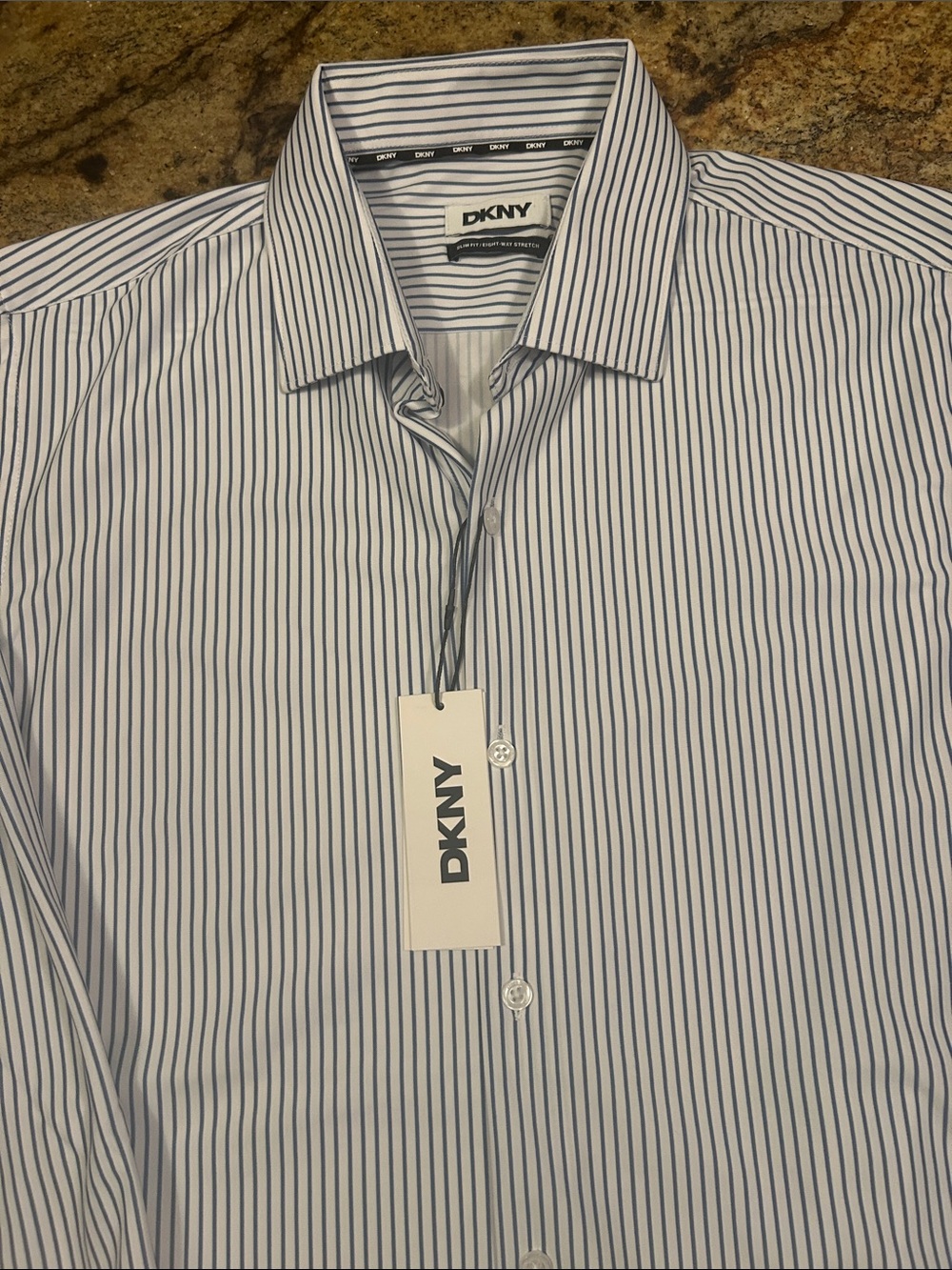NWT DKNY Men’s Blue and White Striped Dress Shirt